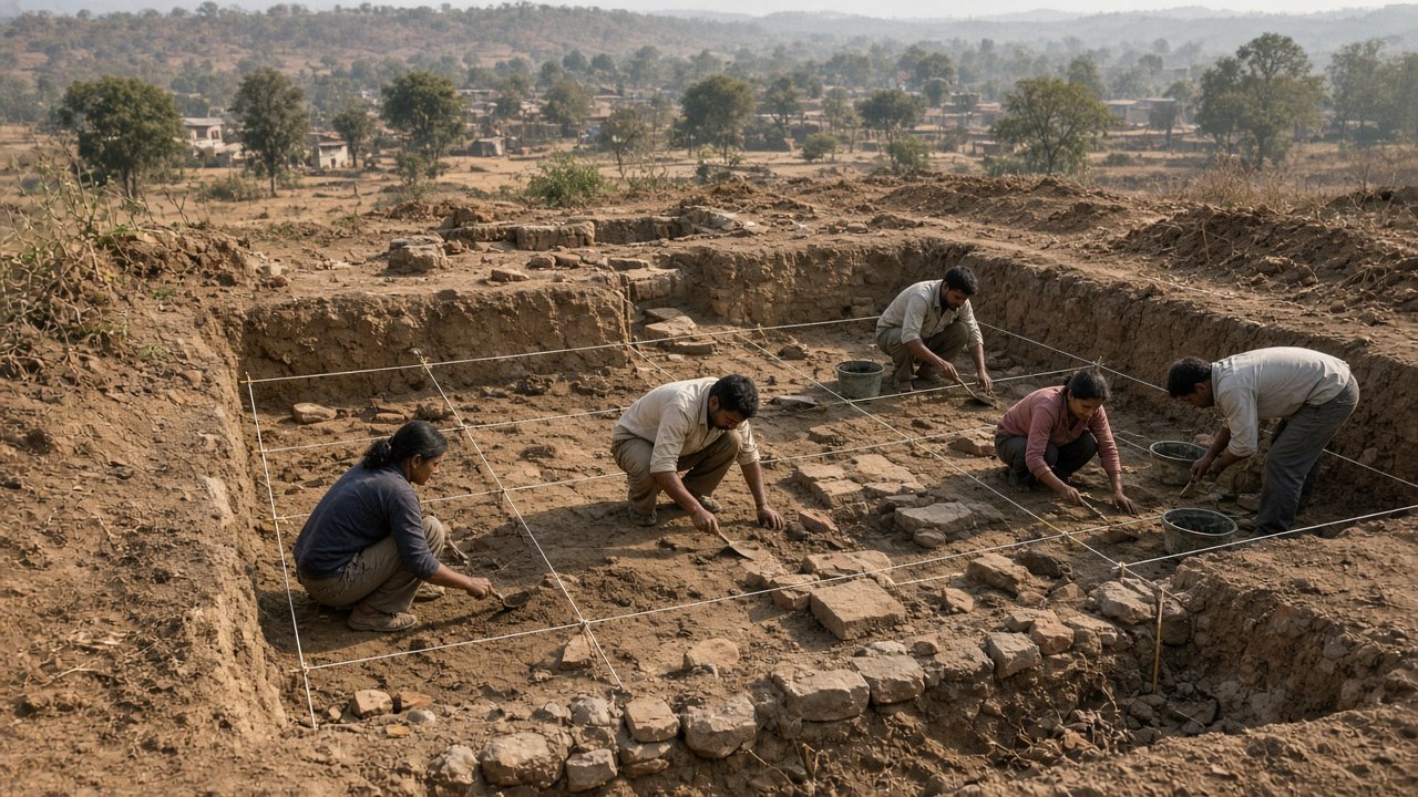 Excavation trench with ranging poles and context recording